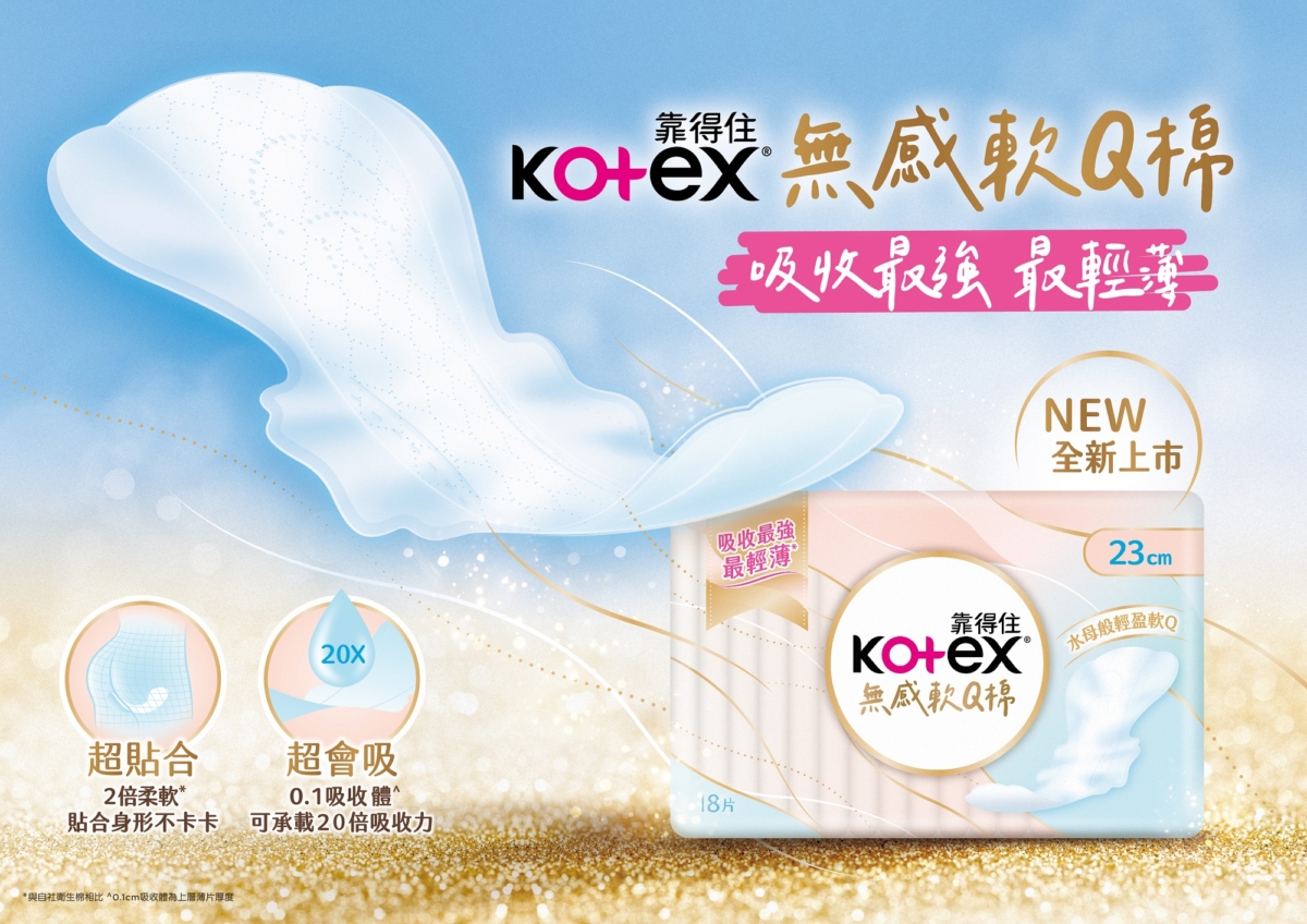 『Kotex 無感軟Q棉』創新採用2倍柔軟Q彈棉體，超貼合的設計讓女孩生理期超敢動！輕薄0.1吸收體，卻可承載20倍超狂吸收力，即使突然爆大量也不怕。徹底解決女孩在生理期最在意的厚重異物感、外漏危機及悶熱濕黏困擾。