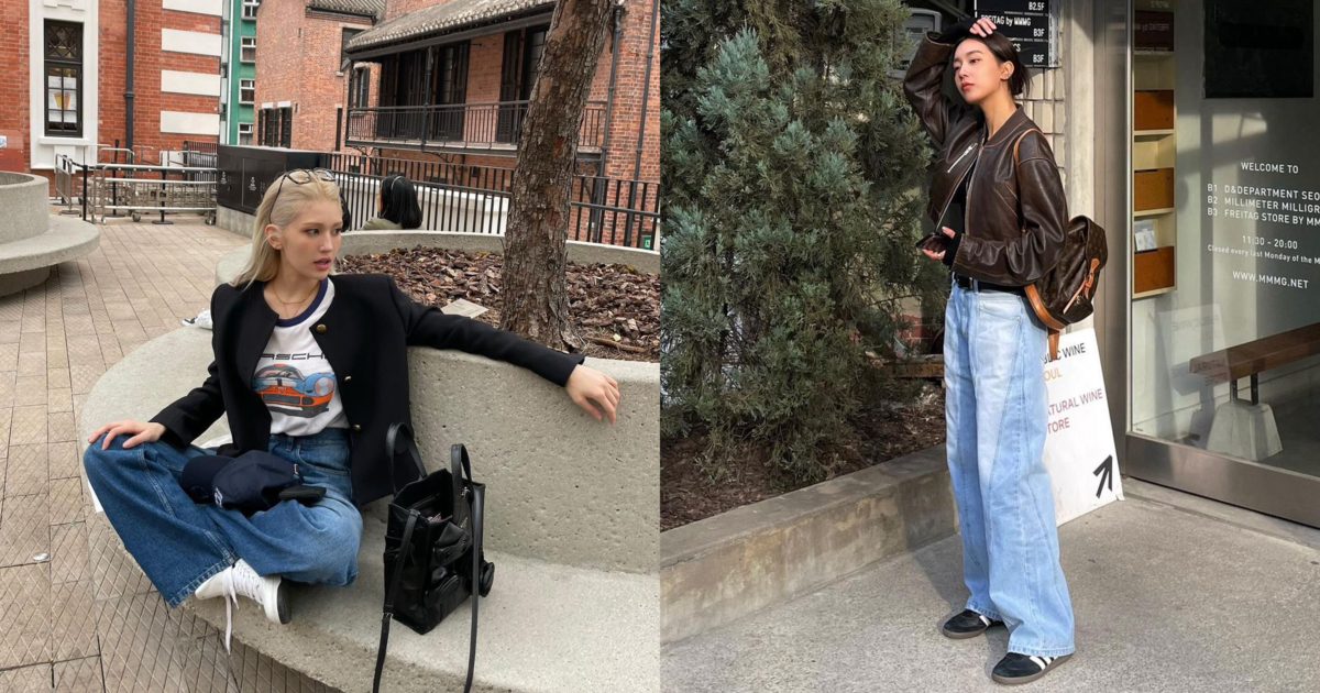 牛仔寬褲搭配短版外套