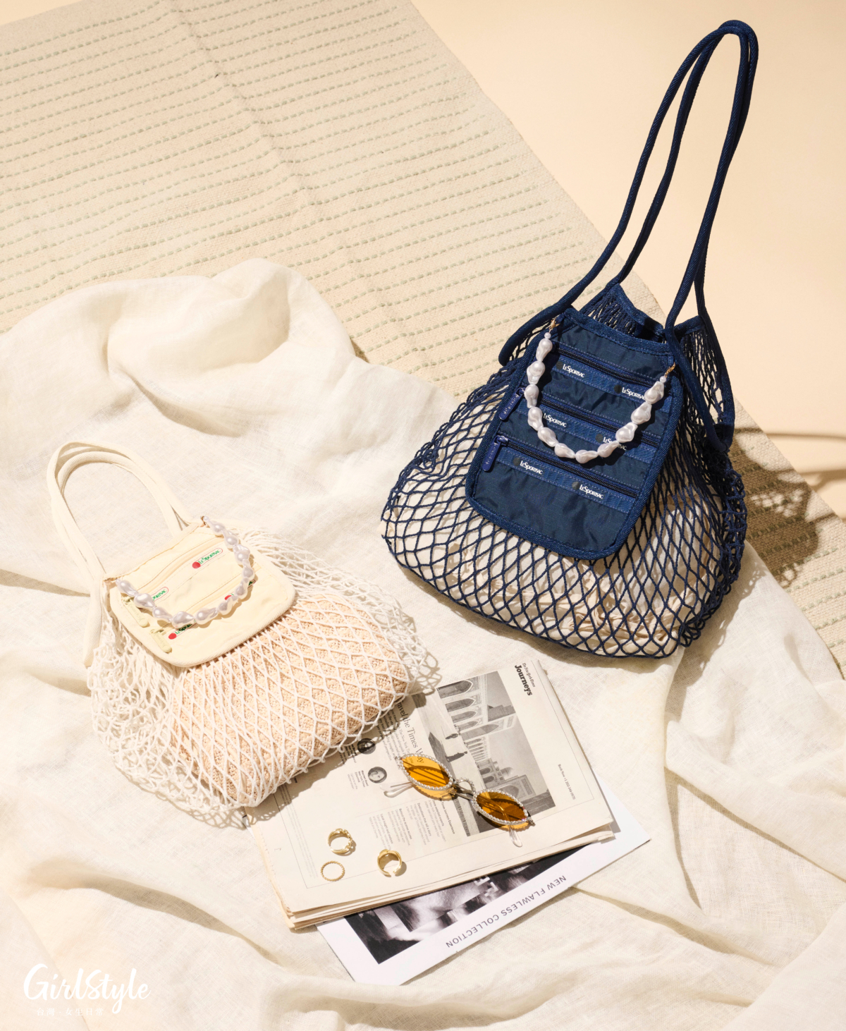 LeSportsac 海鹽小型珍珠裝飾編織網袋、深藍中型珍珠裝飾編織網袋