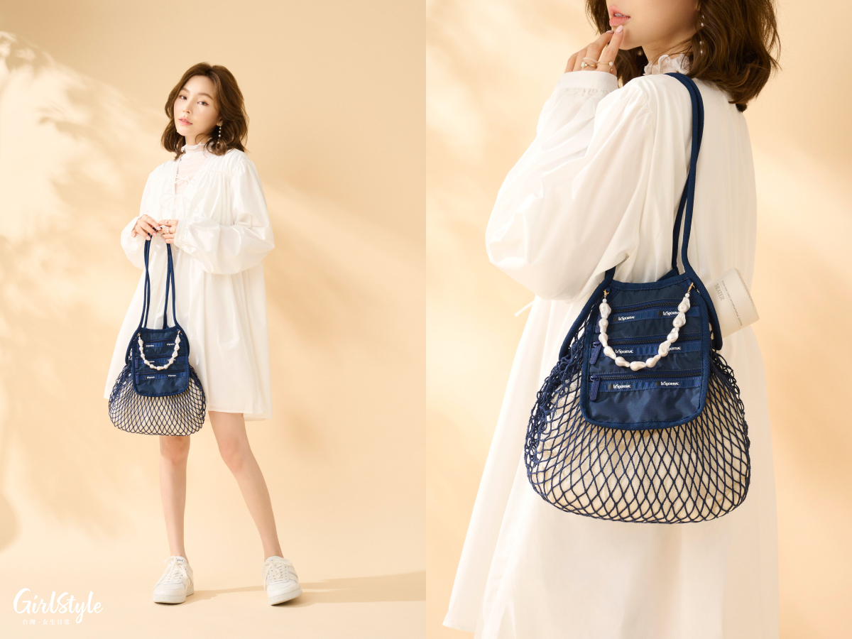 LeSportsac 深藍中型珍珠裝飾編織網袋