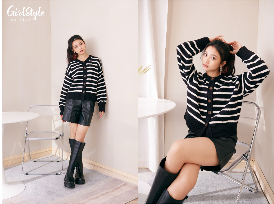 女裝圓領開襟外套(條紋) NT$790/女裝仿皮短褲 NT$790/女裝側邊彈性長靴 NT$1,790/女裝仿鑽流蘇耳環 NT$190