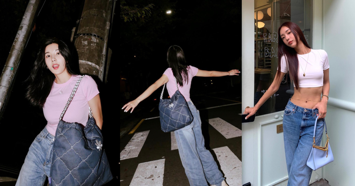 牛仔寬褲搭配短版上衣