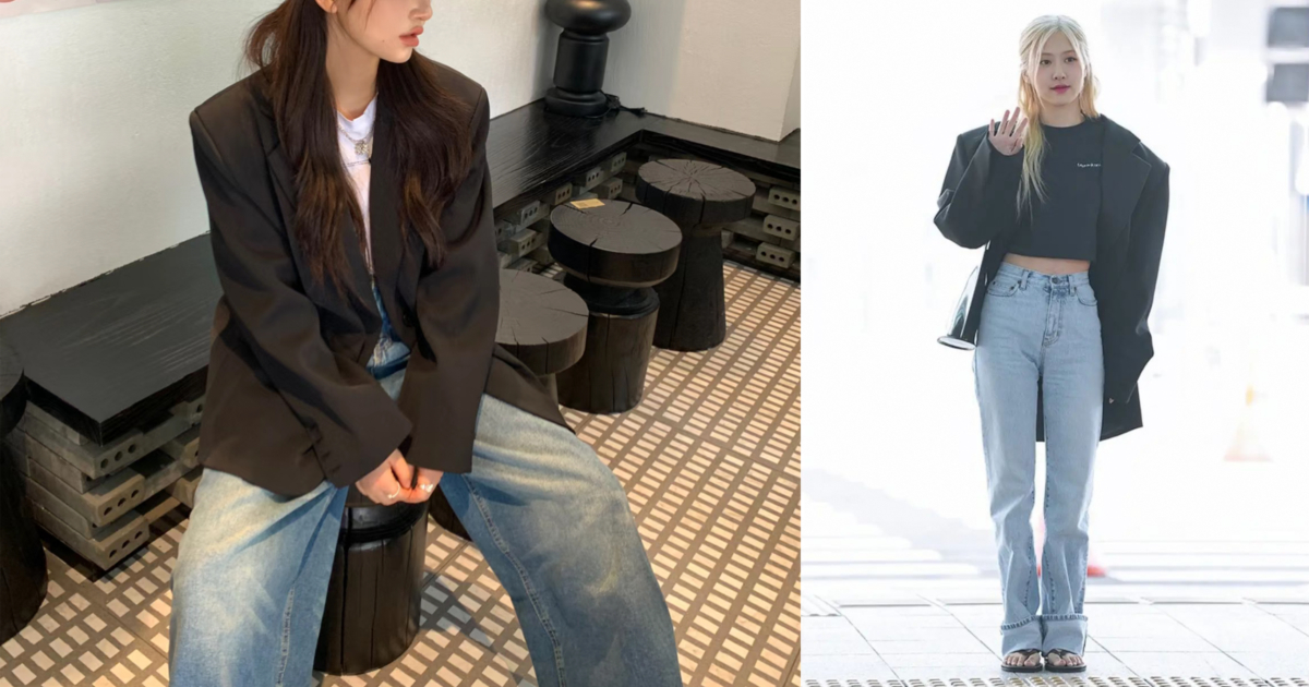 牛仔寬褲搭配西裝外套