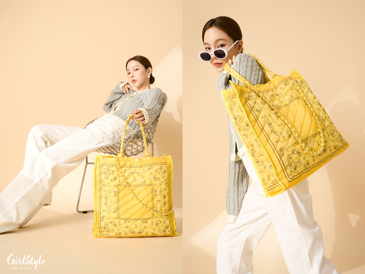 LeSportsac 異域檸黃大型鏈帶壓紋托特包