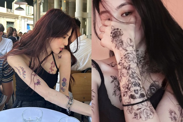 韓韶禧展現花朵和骷髏的刺青。