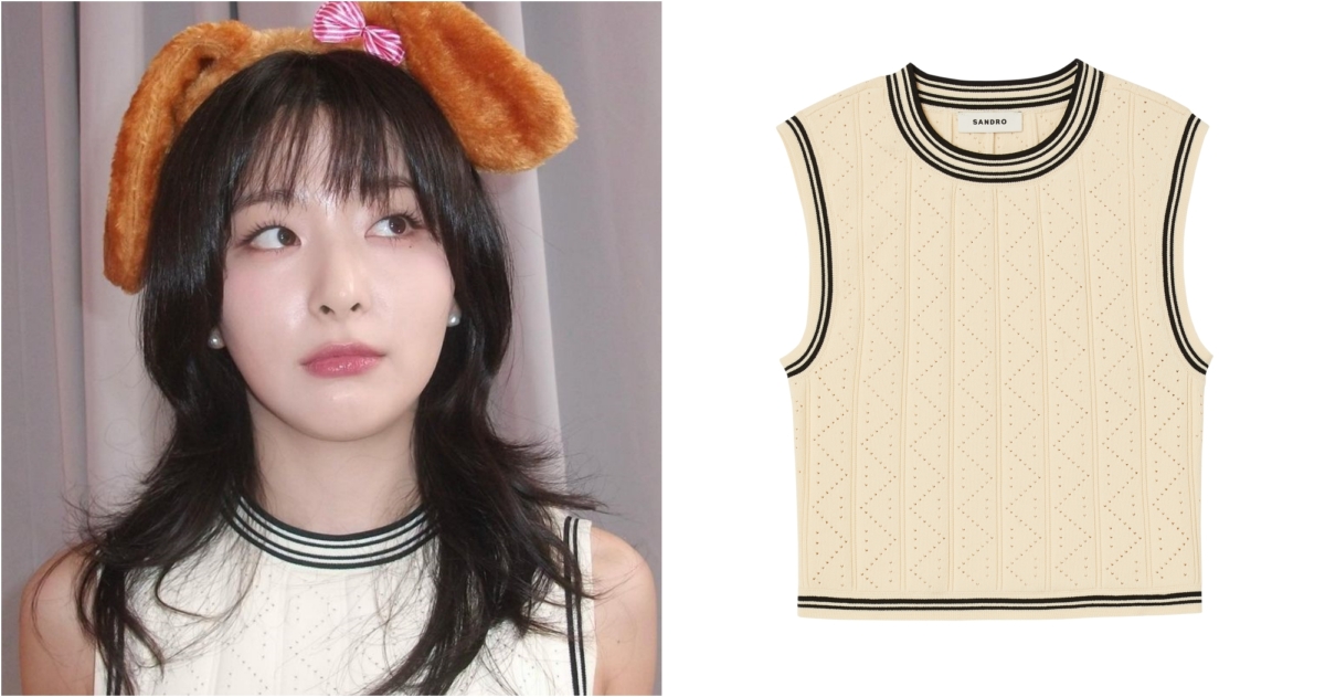 女星瑟琪身著SANDRO 2023秋冬系列_米白色黑邊圓領針織背心，NT$ 6,190
