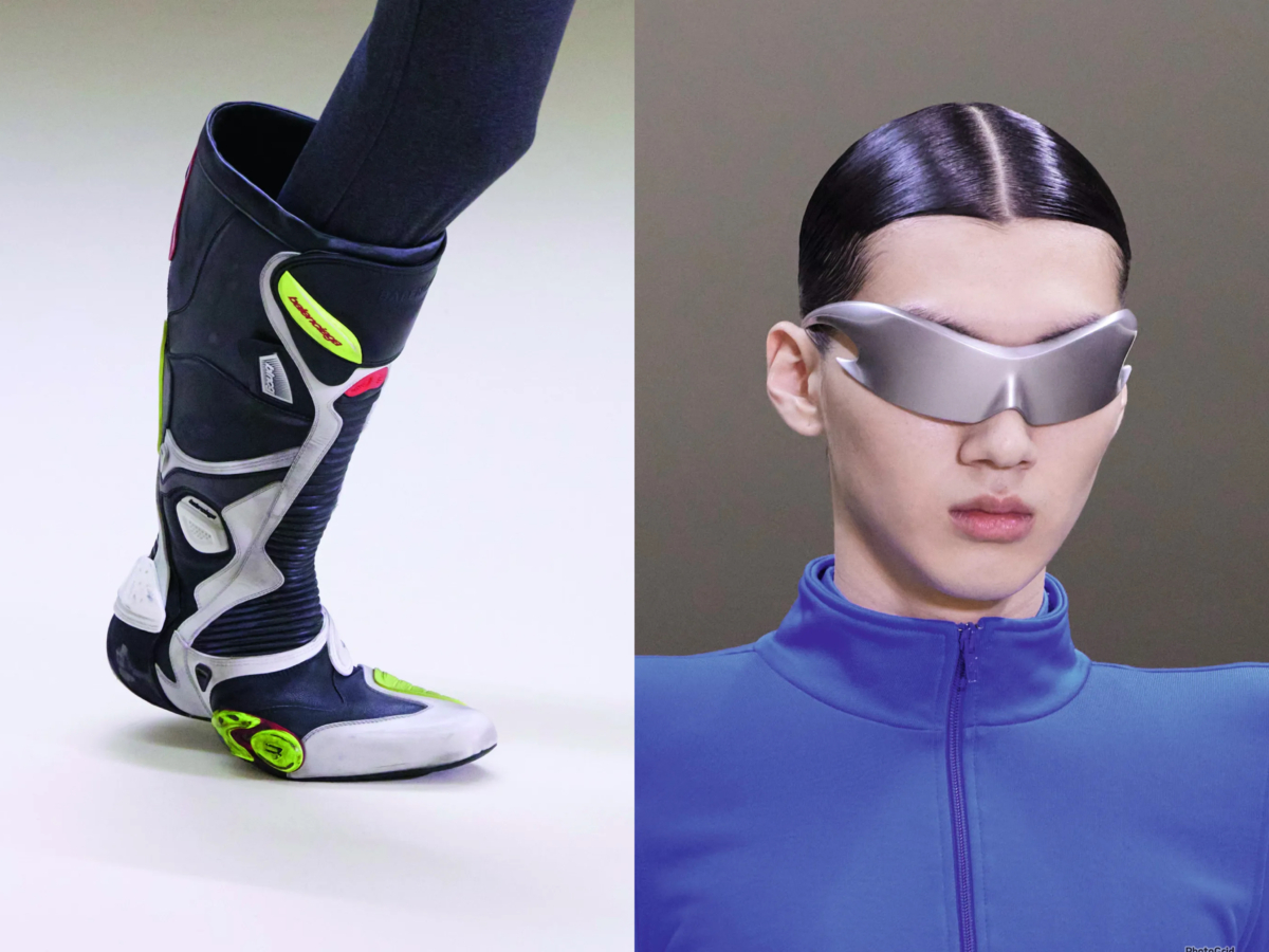 Balenciaga以機車越野鞋為靈感設計的Biker靴子、 戶外運動眼鏡細節。