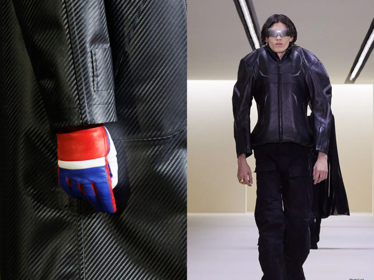 Louis Vuitton秀場上以法國國旗紅白藍三色拼成的賽車手套；Balenciaga 2023冬季系列的賽車服廓形。