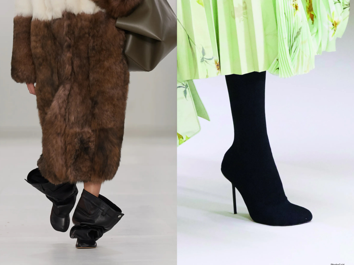 LOEWE 以牛仔褲褲頭為靈感的靴款設計；Balenciaga 2023冬季系列襪靴款式。