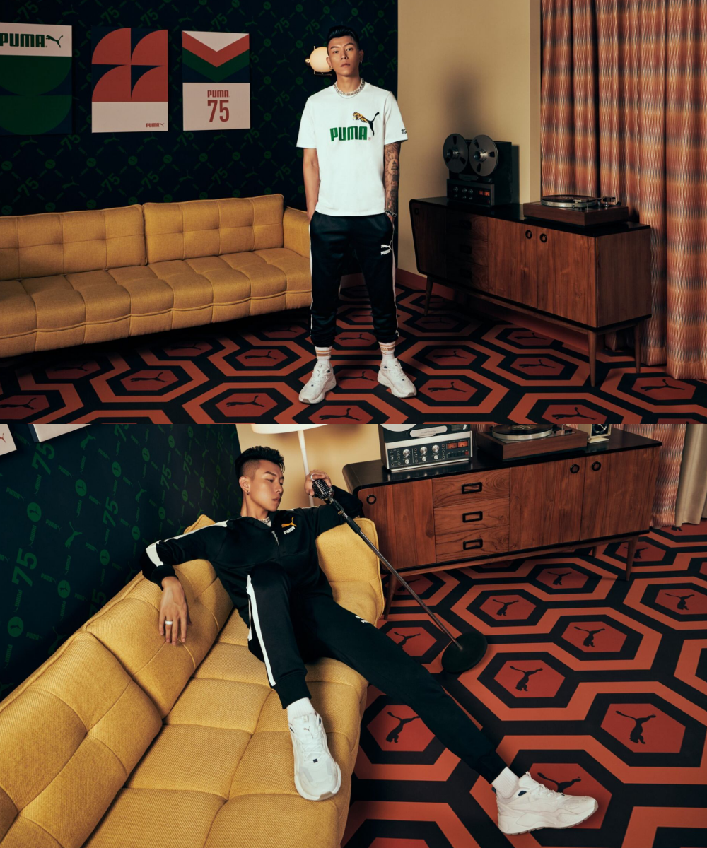 瘦子著用PUMA流行系列No.1 Logo慶祝短袖T恤、流行系列T7立領外套、流行系列T7長褲