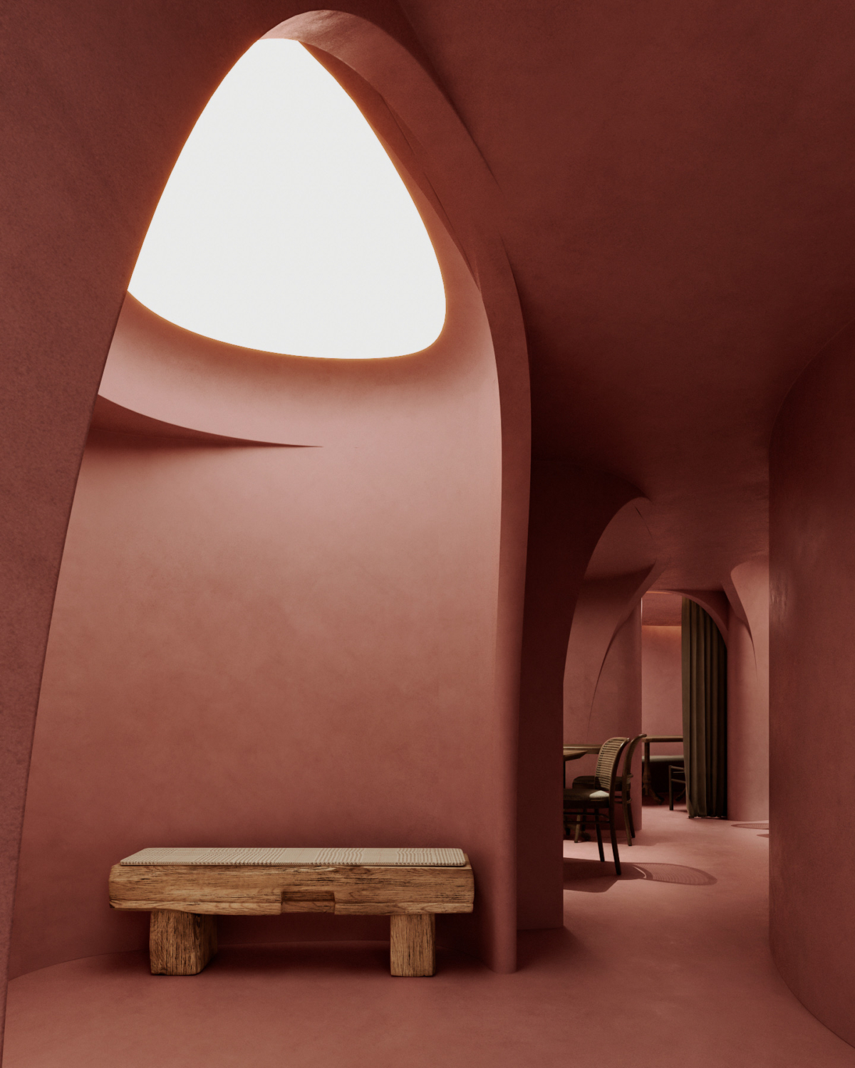 從珊瑚紅開始舒展的漸層空間，可以感受到光影折射的美感。