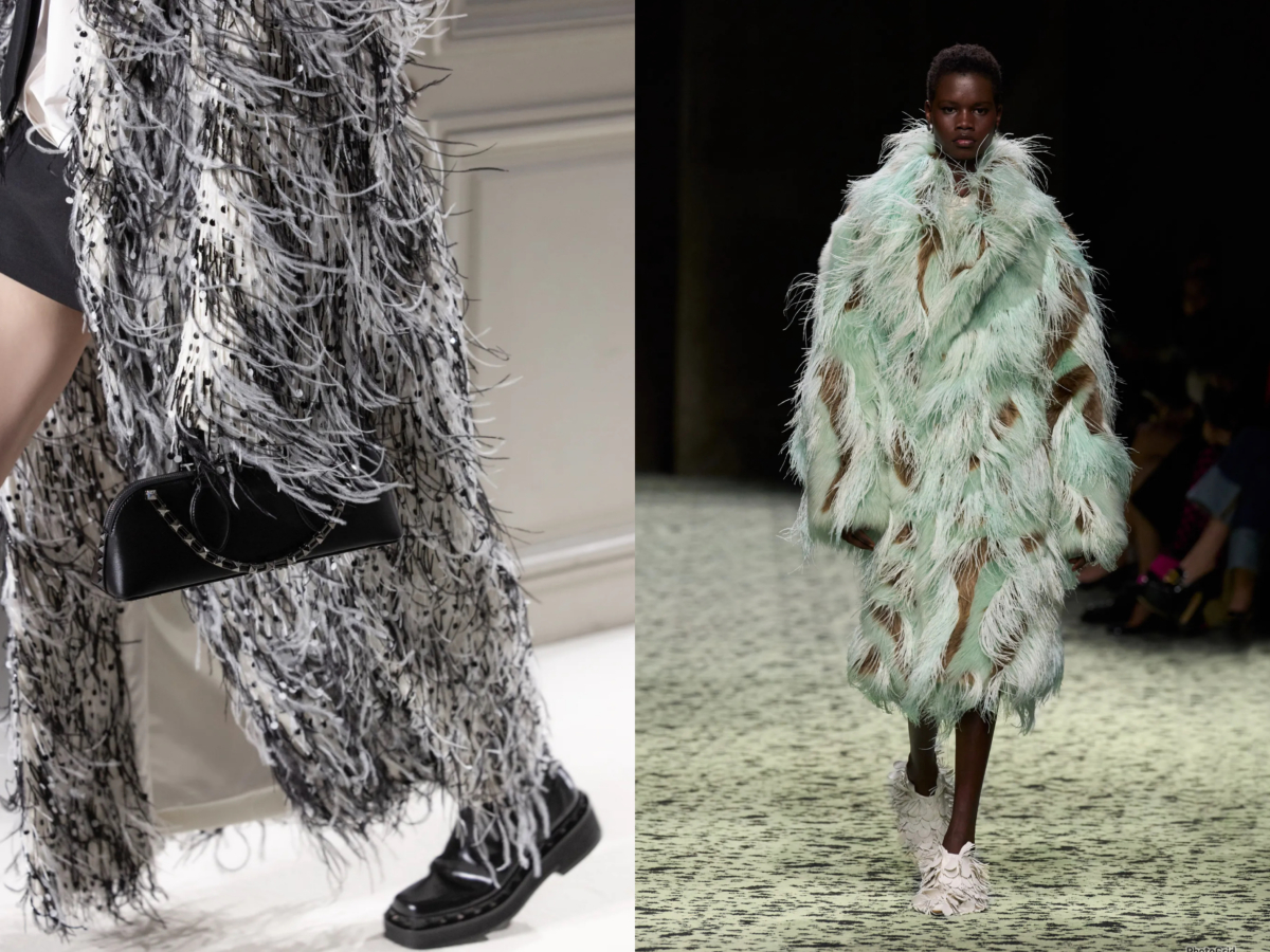 Valentino Black Tie 2023 秋冬系列，飄逸羽毛細節；Bottega Veneta 2023 秋冬系列，羽毛佈滿整件大衣。