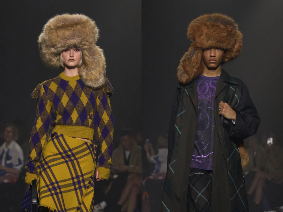 Burberry 在2023 秋冬系列上以浮誇毛絨帽子造型現身。