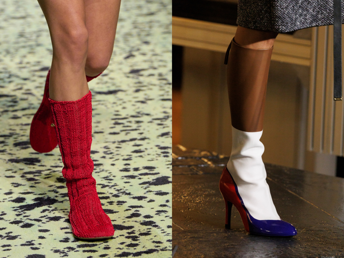 Bottega Veneta 2023 秋冬系列看似襪子的鞋款；Louis Vuitton以高跟鞋與襪子搭配造型，實質上是一體成形的靴款。
