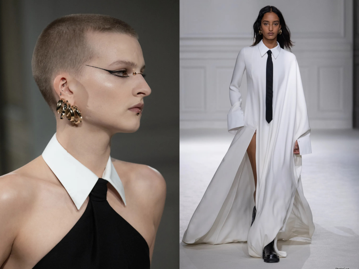 Valentino 2023 秋冬系列跳脫正裝原有的制式規範，可以是削肩禮服也可以是大開岔洋裝。