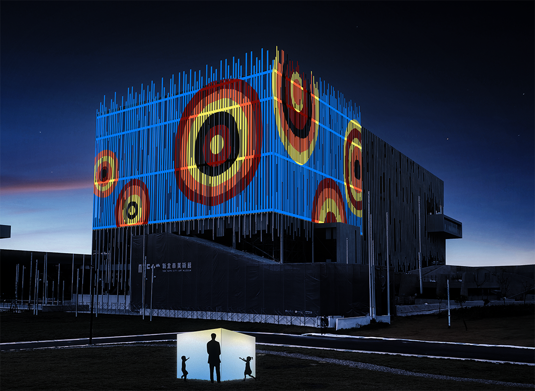 「Echooo」位於夜間的新北市美術館戶外園區