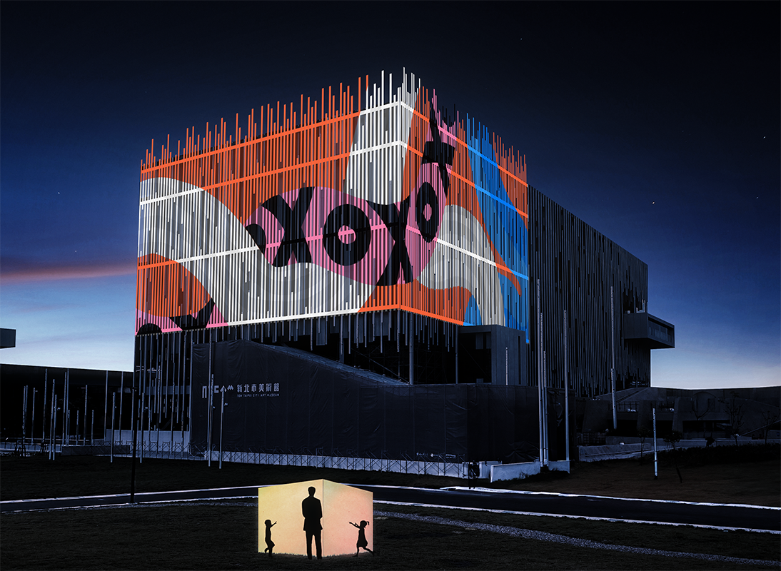 「Echooo」位於夜間的新北市美術館戶外園區