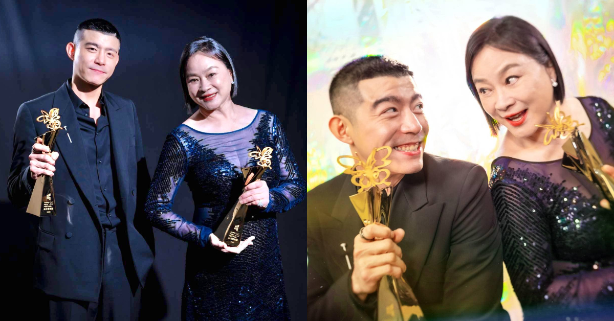 本屆台北電影節新科影帝、后王柏傑與陸小芬合影。