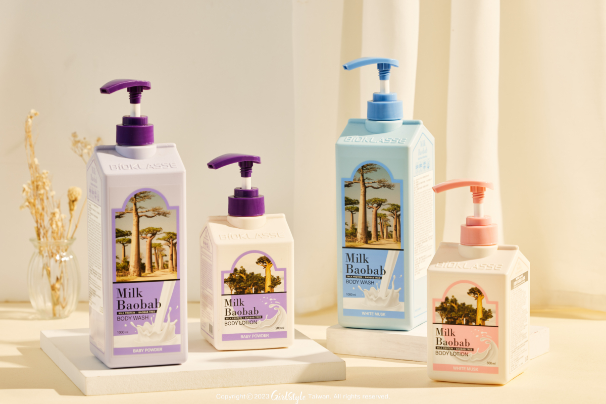 Milk Baobab｜(左2)寶寶香氛潔淨沐浴乳/香氛保濕身體乳、(右2)白麝香氛潔淨沐浴乳/香氛保濕身體乳