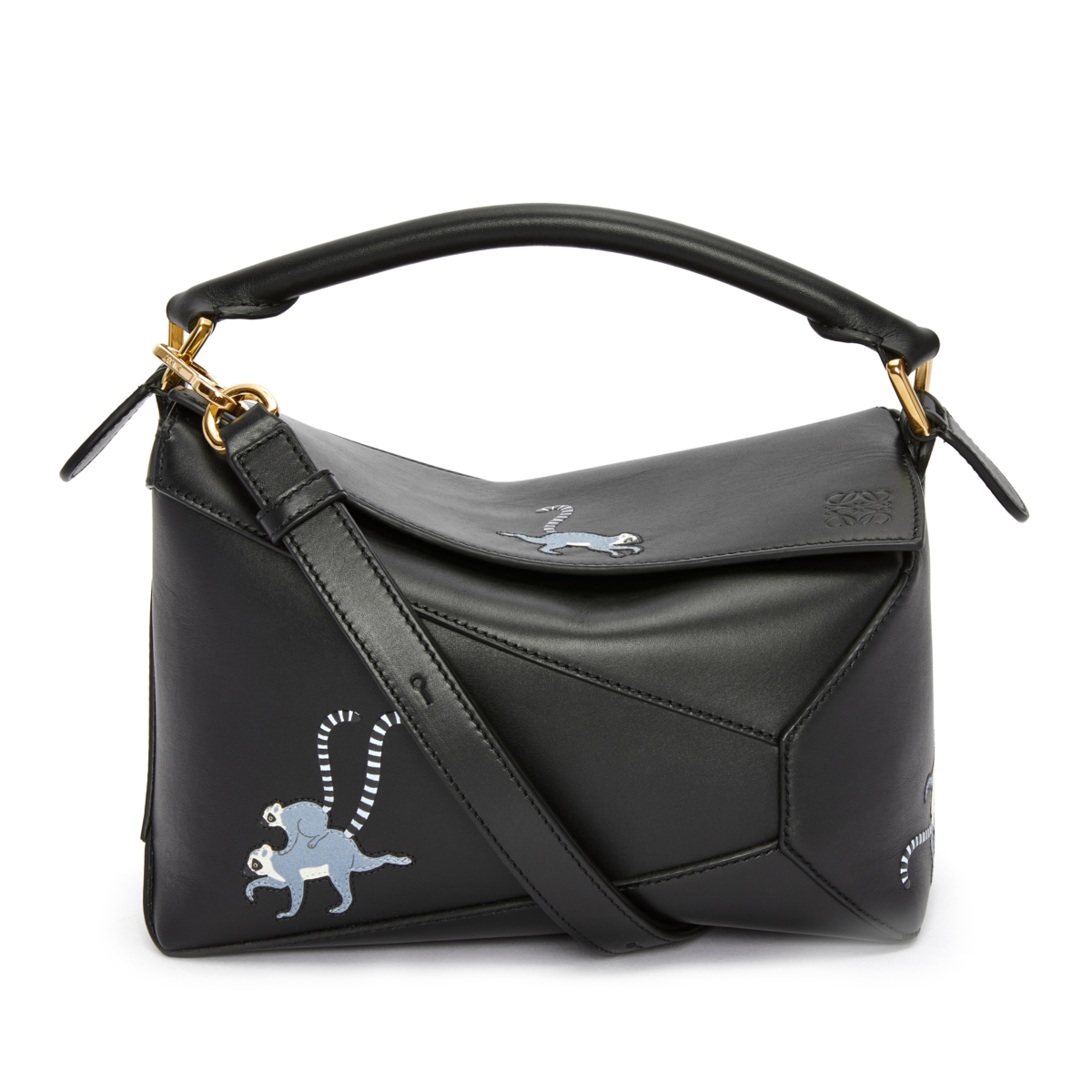 LOEWE Puzzle Edge 黑色狐猴刺繡小牛皮肩背提包,NT$120,000