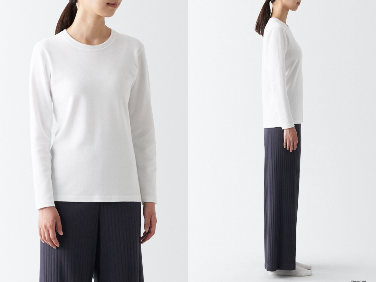 MUJI 無印良品女棉混羊毛保暖圓領長袖 T 恤白色,NT$690