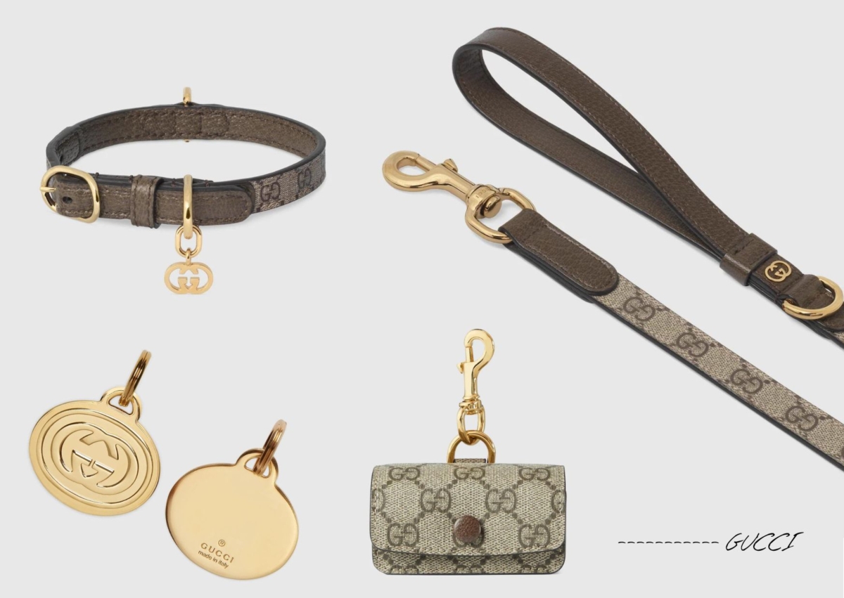 Gucci 超小型寵物頸圈，HK$ 2,550Gucci 小/中型寵物牽引帶，HK$ 3,450 Gucci INTERLOCKING G寵物名牌，HK$ 1,900 Gucci GG寵物垃圾袋收納包，HK$ 3,500