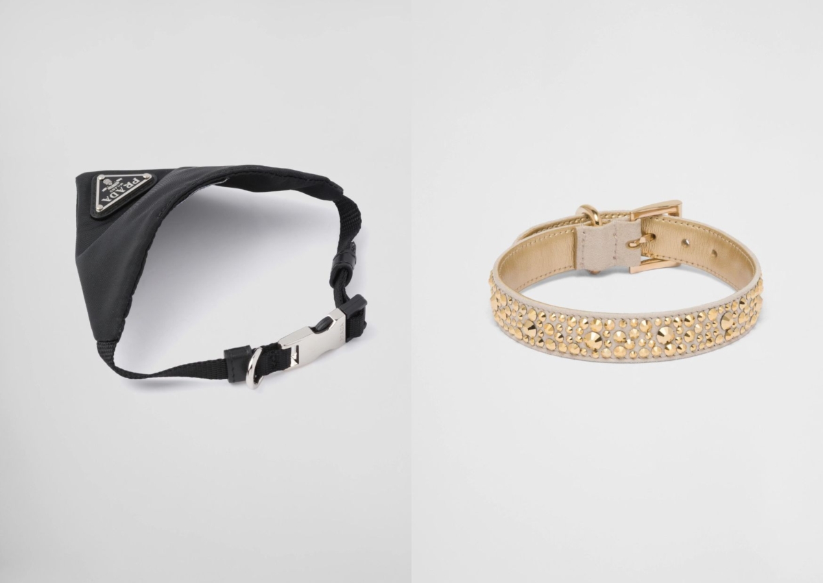 Prada 尼龍寵物頸圈，NT$ 14,000Prada 水晶嵌飾麂皮寵物頸圈，NT$ 21,500