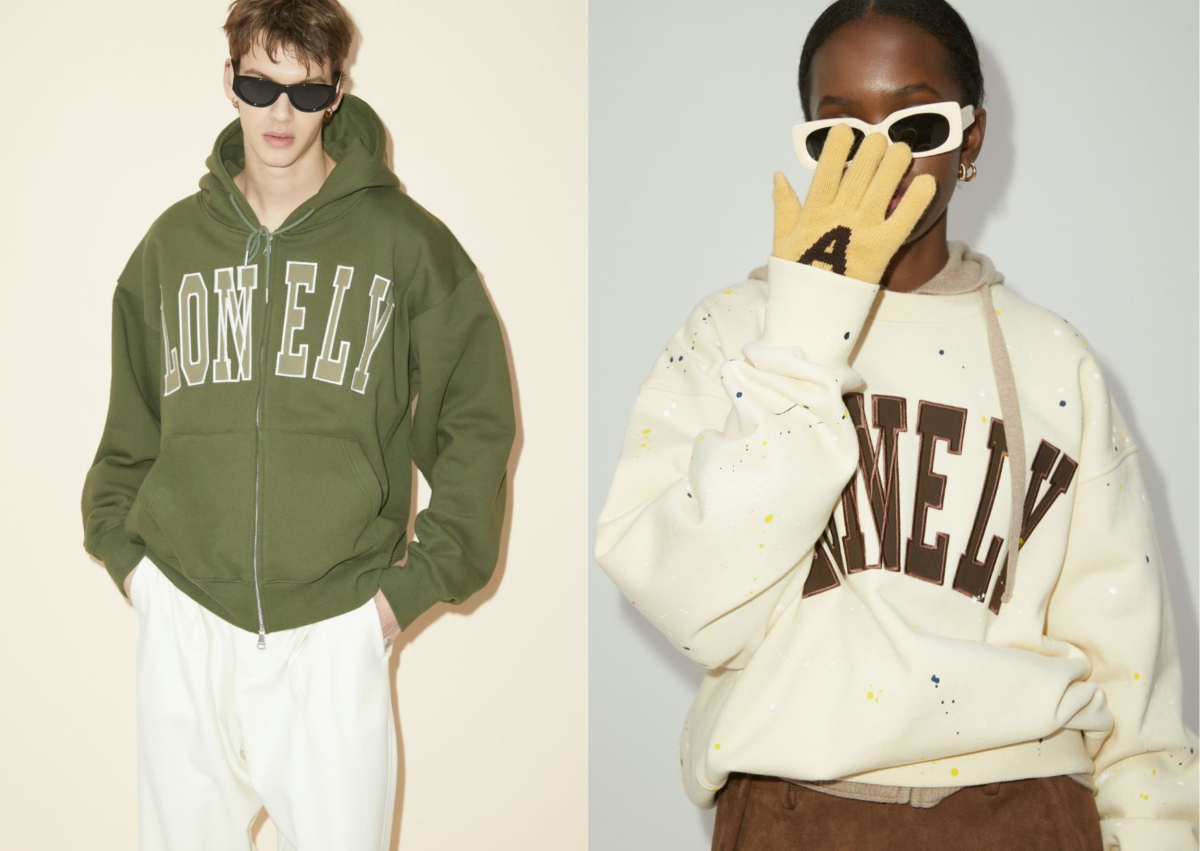 NOHANT Lonely Lovely 連帽綠色夾克,NT $6,400;NOHANT Lonely Lovely 米白色潑漆衛衣,NT$6,400