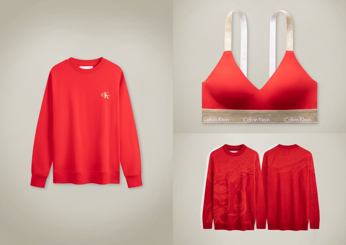 Calvin Klein 印花標誌棉質衛衣,NT$5,380;無鋼圈薄墊內衣,NT$1,880;龍紋緹花針織衫,NT$7,980