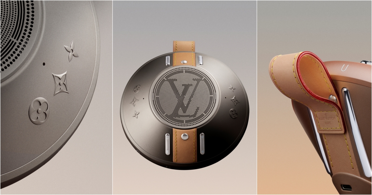 LV Nanogram 擴音器在簡潔風格中，融入製作箱包的天然牛皮圈環