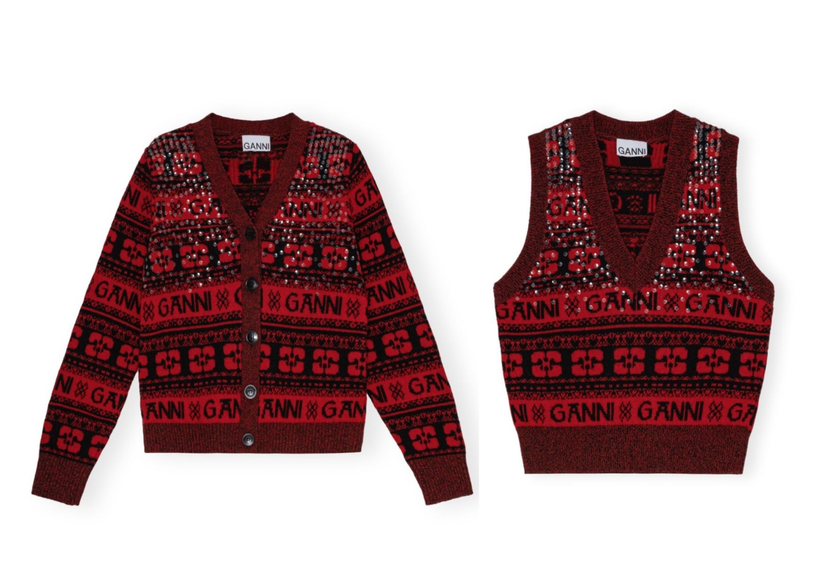 GANNI蝴蝶LOGO針織開襟衫緋紅,NT$12,800;蝴蝶LOGO針織背心緋紅,NT$9,800
