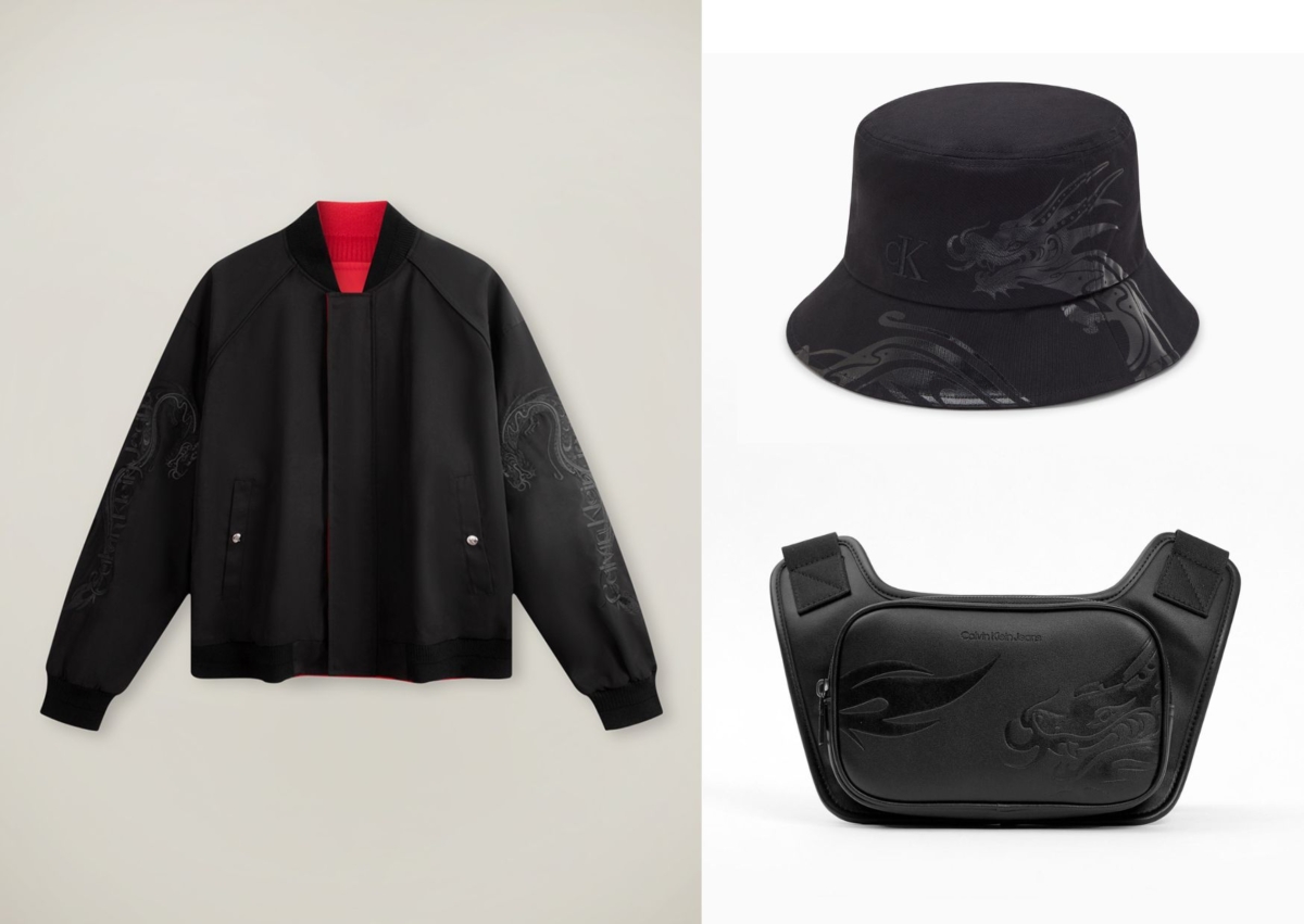Calvin Klein 緹花刺繡雙面式夾克,NT$12,980;龍紋圖騰漁夫帽,NT$2,380;壓紋圖騰斜背包,NT$4,280