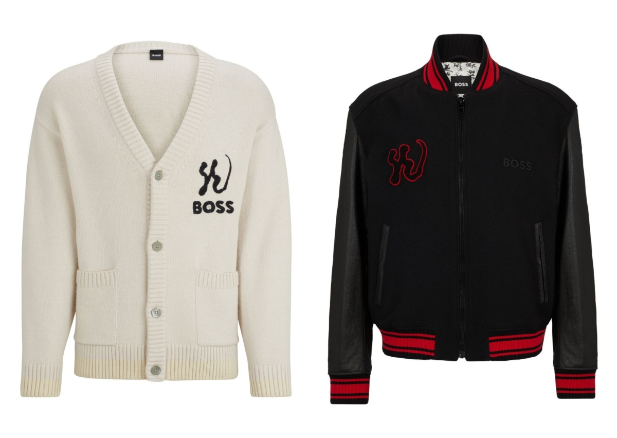 BOSS 龍年限定系列白色開襟針織外套,NT$ 13,400;BOSS 龍年限定系列皮革棒球外套,NT$ 43,900