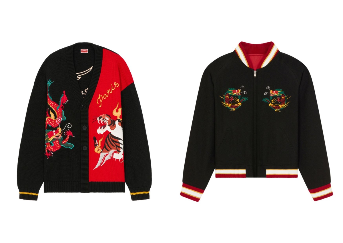 KENZO CNY限定虎龍舞韻黑色針織開襟衫,NT$32,800;CNY 限定虎龍舞韻黑色雙面橫須賀外套,NT$57,800