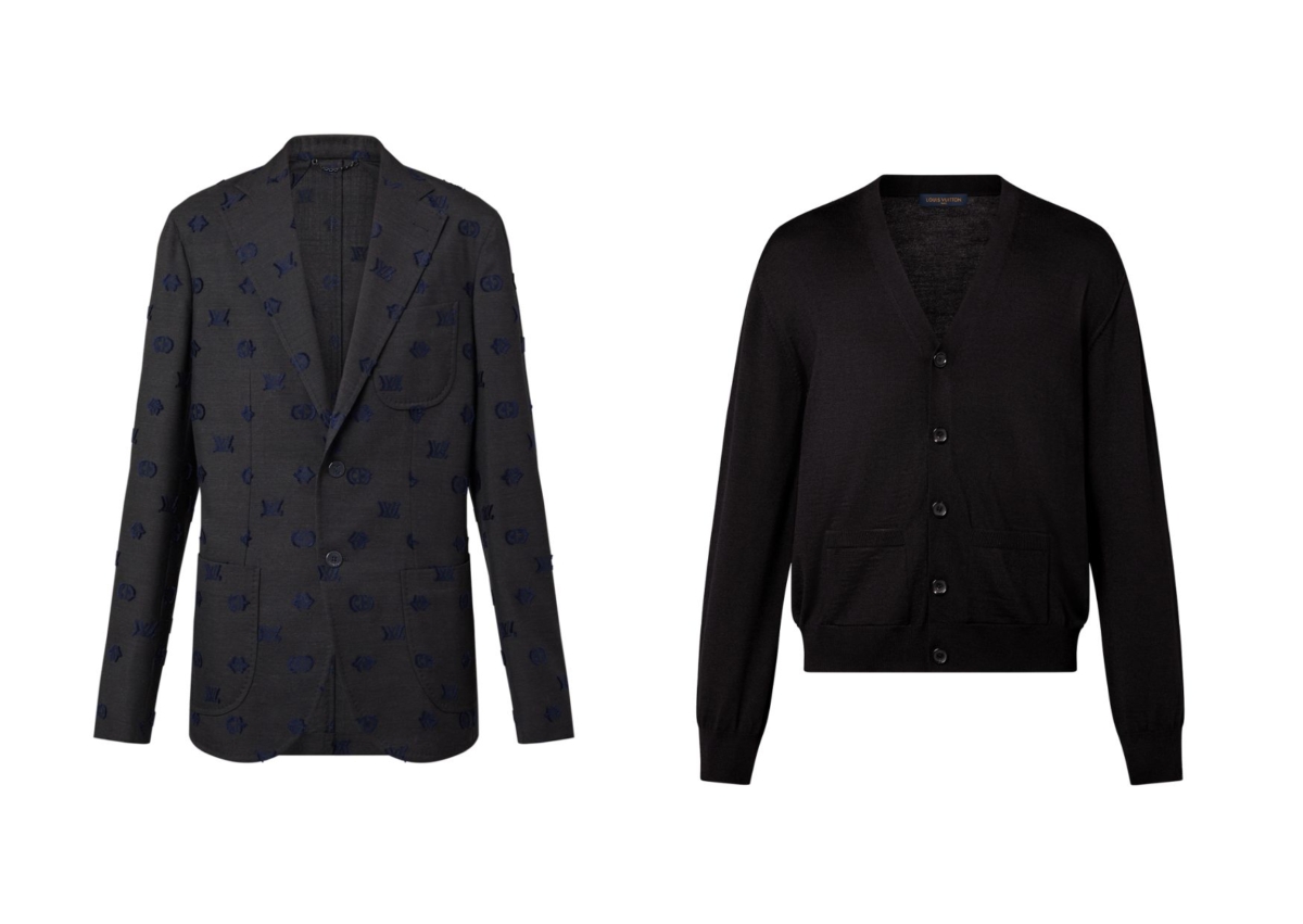 Louis Vuitton 單排扣羊毛混紡面料 Napolitana 西裝外套；Louis Vuitton 純絲山羊絨混紡開襟外套。
