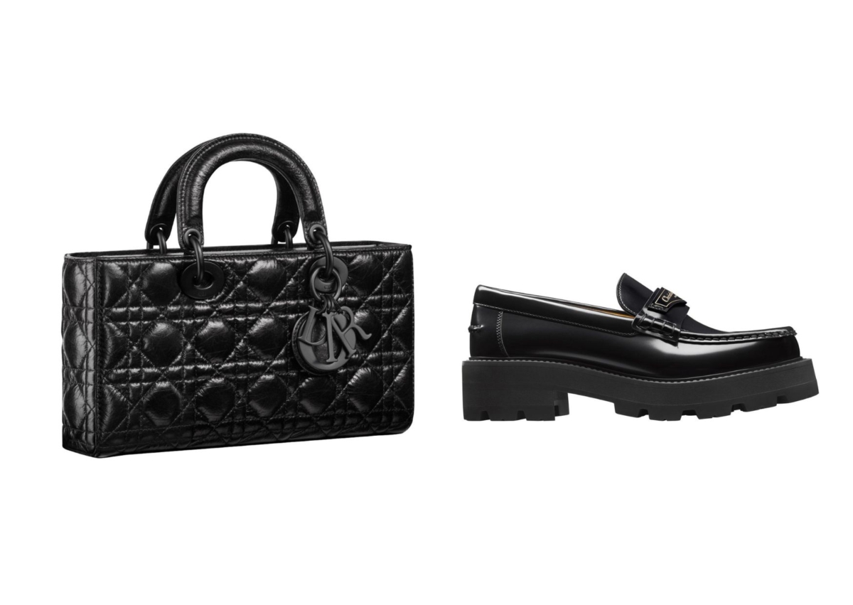 Dior D-JOY 黑色籐格裂紋小牛皮中型提包,NT$ 170,000;DIOR BOY 黑色小牛皮厚底樂福鞋 NT$ 38,000