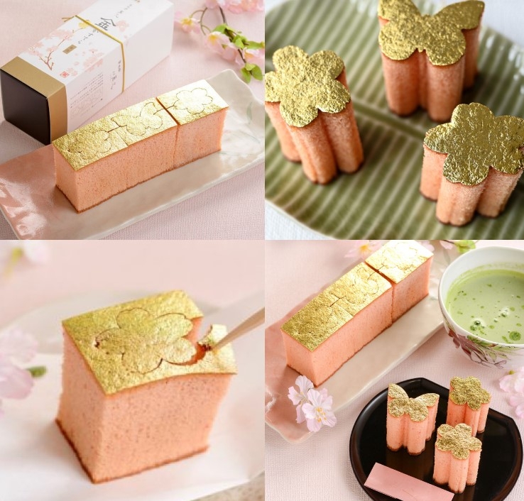 金澤萬久「粉櫻蝴蝶金箔蜂蜜蛋糕」完美呈現出職人技術的極薄金箔。