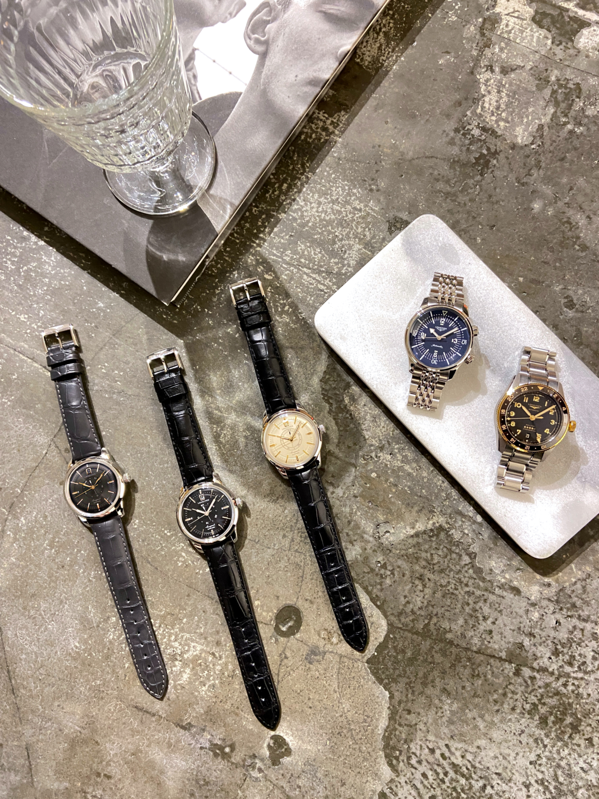 （左三）Longines 浪琴表 Conquest Heritage 中央動力儲存指示腕錶；（右二）Longines 浪琴表 Legend Diver 復刻傳奇潛水腕錶、Longines 浪琴表 Spirit Zulu Time 先行者系列世界時區腕錶。