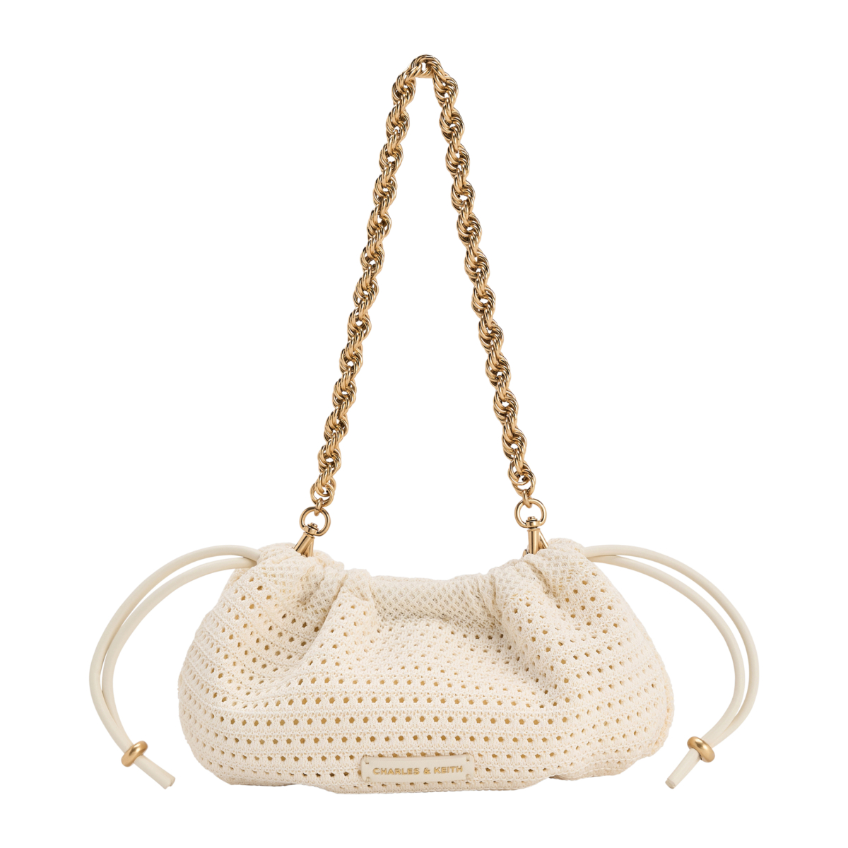 CHARLES & KEITH Ida 針織抽繩手提包 - 奶油色，NT$2,590