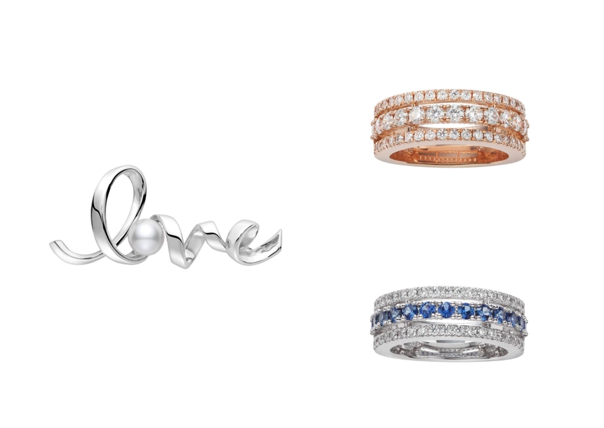 MIKIMOTO LOVE 字樣珍珠胸針，NT$ 23,000；MIKIMOTO 粉紅K金鑽戒，NT$ 216,000；MIKIMOTO 藍寶石鑽戒，NT$ 186,000