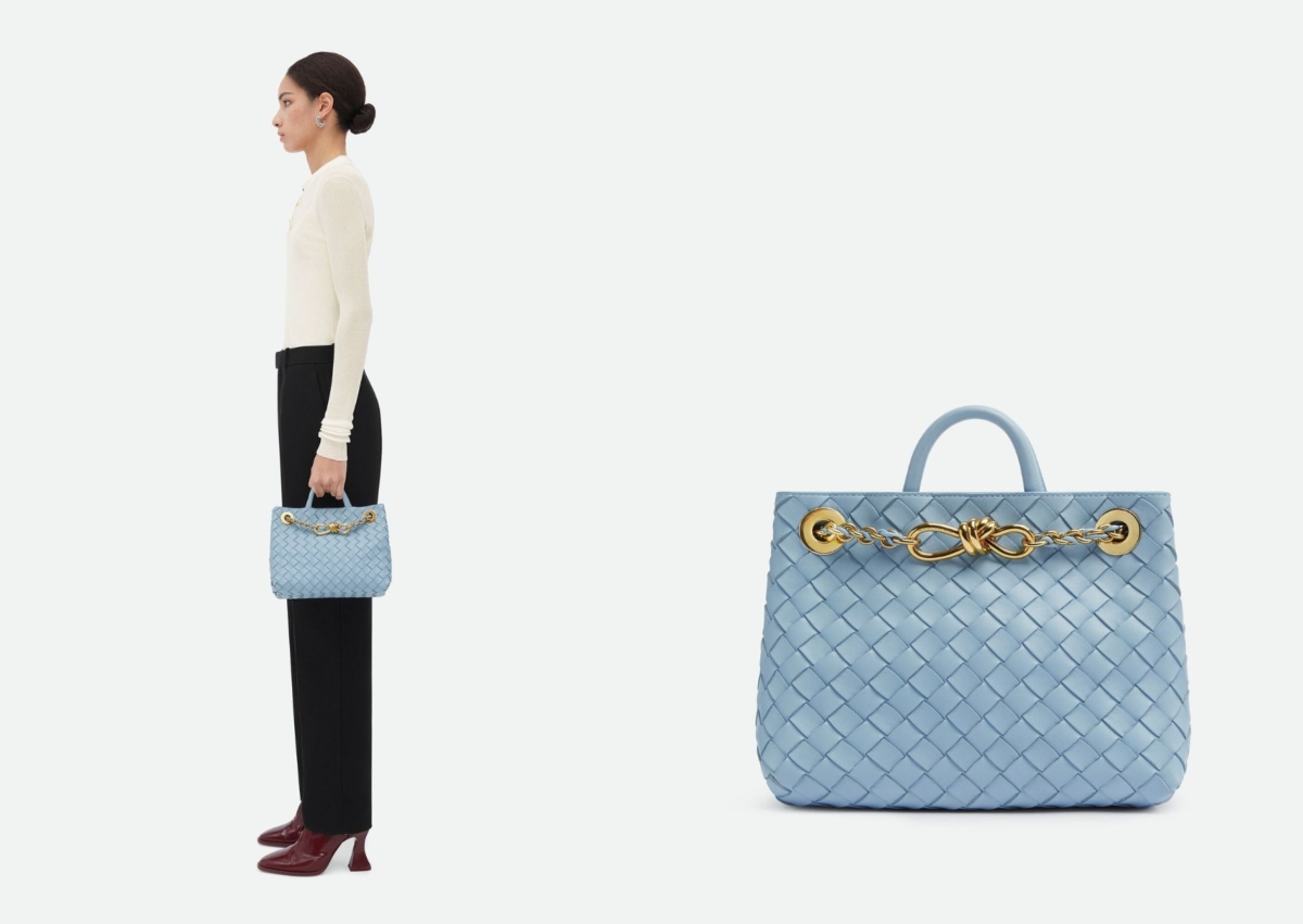 Bottega Veneta Andiamo 沁涼藍編織皮革鏈帶手提肩背包,價格店洽