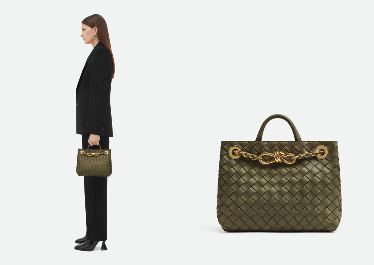 Bottega Veneta Andiamo 芥末綠編織皮革鏈帶手提肩背包,價格店洽