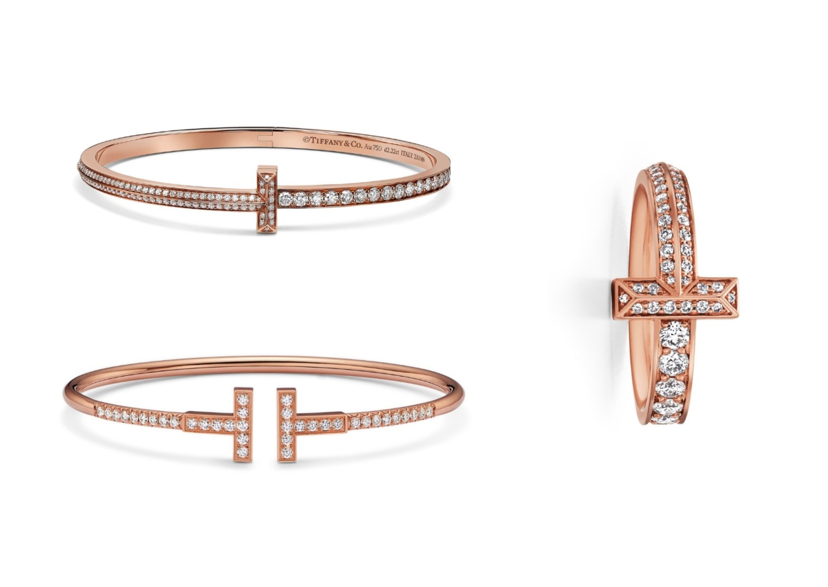 Tiffany T1 玫瑰金鋪鑲鑽石手環(窄版)，NT$ 660,000；Tiffany T WIRE系列玫瑰金鋪鑲鑽石手環，NT$ 225,000；Tiffany T1系列玫瑰金鋪鑲鑽石戒指(窄版)，NT$ 173,000