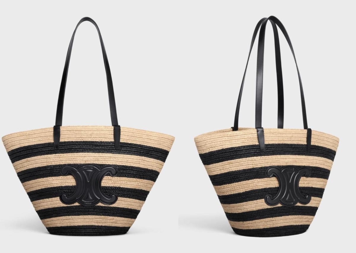 Celine 拉菲亞及牛皮革 Striped Couffin Classic Panier 手袋原色 / 黝黑色，NT$ 77,000