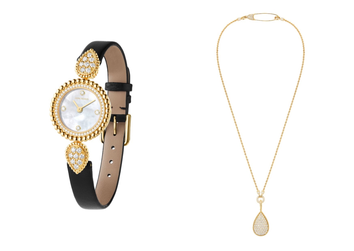 Serpent Boheme系列手錶黃金材質鑲嵌鑽石、珍珠母貝，NT$ 558,000；Serpent Boheme系列項鍊黃金750材質鑲嵌鑽石，NT$ 1,970,000