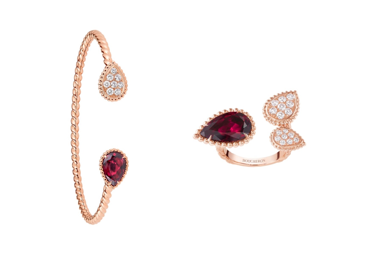 Serpent Boheme系列手環玫瑰金750材質、鎳鈦諾鑲嵌鑽石、紅色石榴石，NT$ 255,000；Serpent Boheme系列戒指玫瑰金750材質鑲嵌鑽石、紅色石榴石，NT$ 335,000 