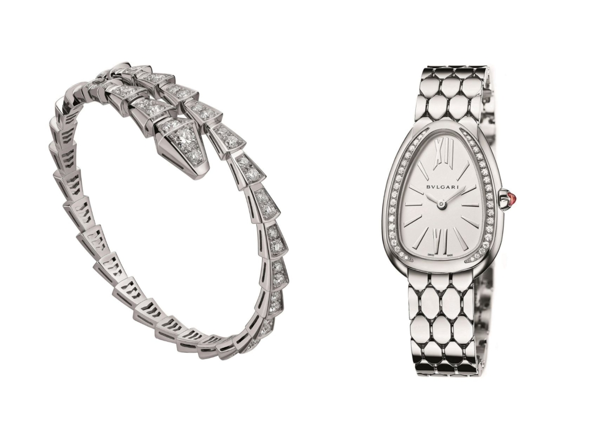 BULGARI SERPENTI VIPER 系列單圈戒指，價格店洽；SERPENTI SEDUTTORI 精鋼鑲鑽腕錶，價格店洽