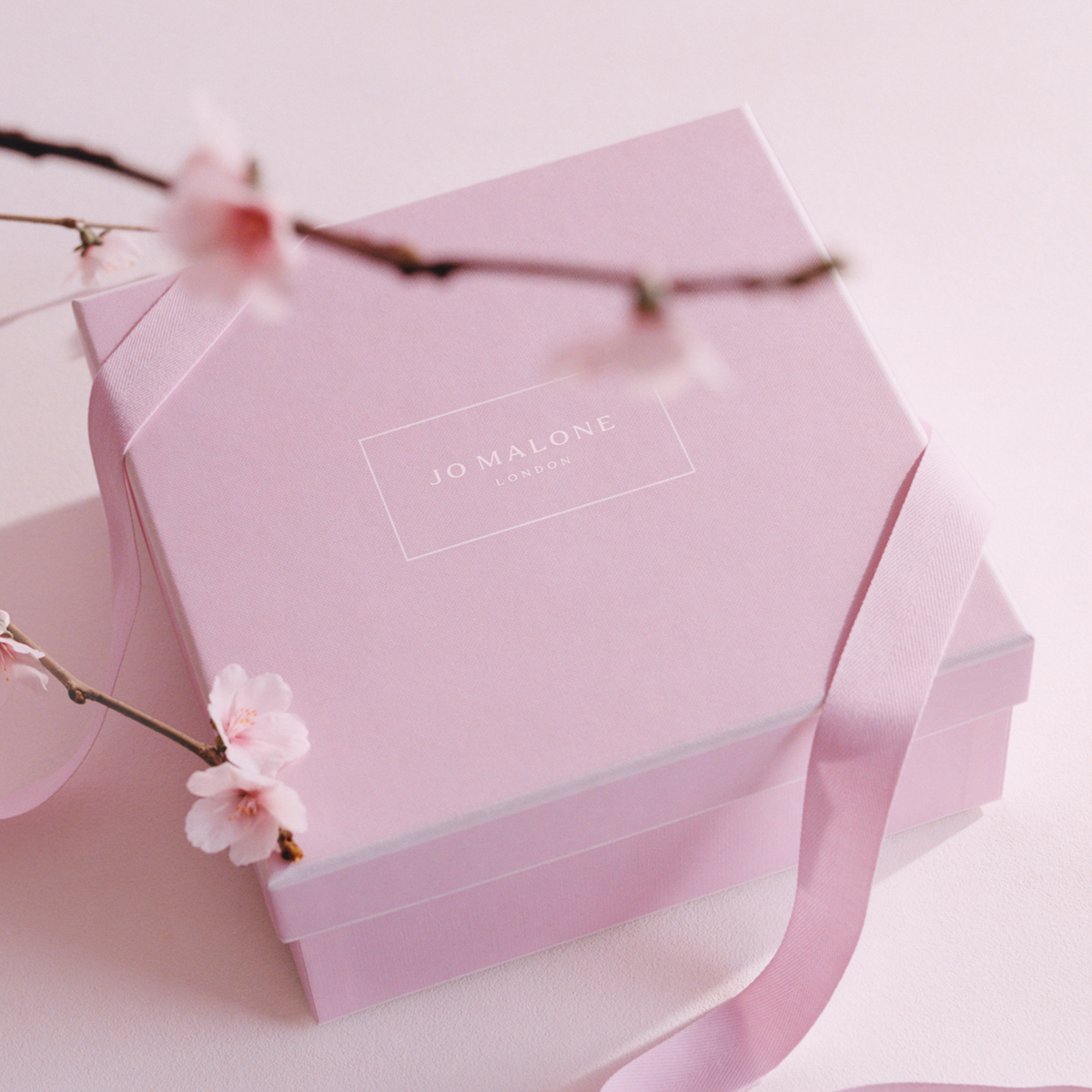 Jo Malone London櫻花香氛系列享期間限定的柔美粉色緞帶搭配粉色方盒包裝