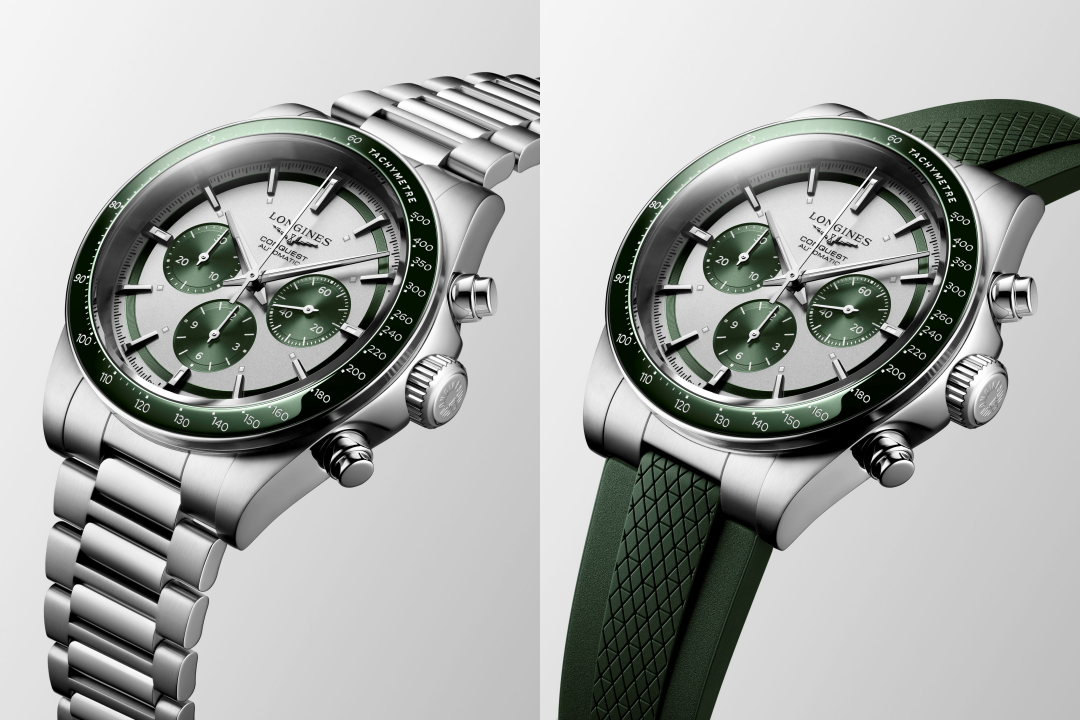 CONQUEST征服者系列腕錶(42mm) (左)綠色陶瓷錶圈+銀色啞光錶盤+不鏽鋼錶鏈 / 型號:L3.835.4.02.6 >> (右)綠色陶瓷錶圈+銀色啞光錶盤+綠色橡膠錶帶 / 型號:L3.835.4.02.9