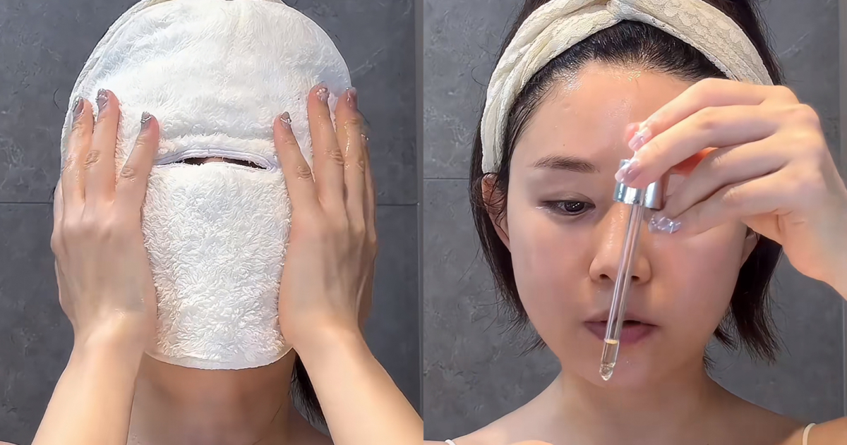 用熱毛巾敷在臉上約一分鐘,打開毛孔讓後續的保養品更容易被肌膚吸收熱敷後使用化妝水與精華油以7:3的比例混合